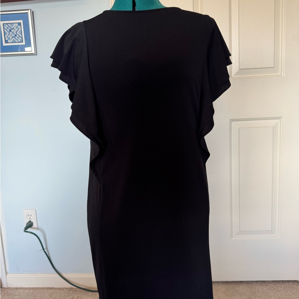 Black Ruffled Sheath Dress with Cap Flutter Sleeves